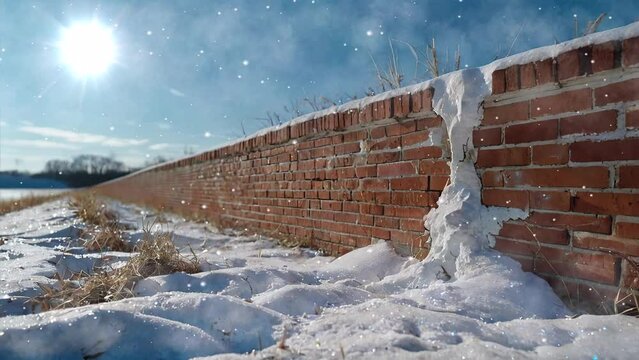 Experience the serene ambiance of winter with a brick wall covered in scattered snowflakes in this enchanting 4k looping Christmas video background.