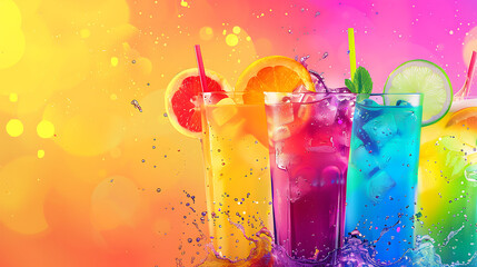 Colorful mocktails on a bright rainbow background, summer drinks, copy space, Colorful party drinks with bubbles  - obrazy, fototapety, plakaty