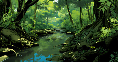 an illustration of the scene shows a green forest filled with green trees
