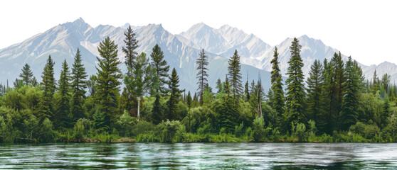 Scenery with the river, forest and mountains isolated on transparent background