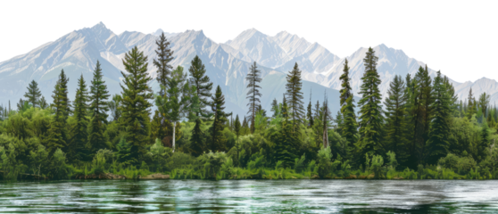 Scenery with the river, forest and mountains isolated on transparent background
