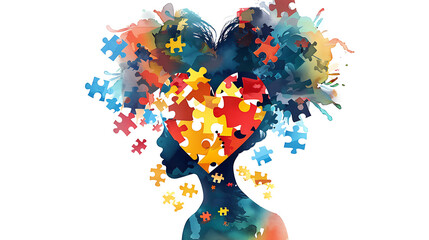 Puzzle pieces heart shape silhouette person colorful ribbons autism awareness love unity inclusion diversity white background