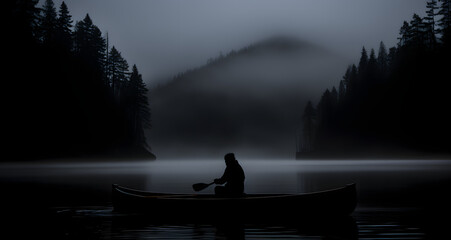 a person in a canoe with two paddlers on water - obrazy, fototapety, plakaty