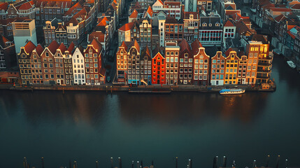 Aerial shot of Netherlands' most iconic buildings with lake
