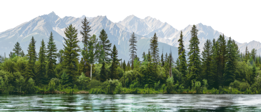 Scenery with the river, forest and mountains isolated on transparent background