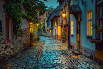 Old Town Streets Illuminated by the Morning Sun: Cobblestone Paths and Colorful Houses Enhance the Charm of the Historic Town