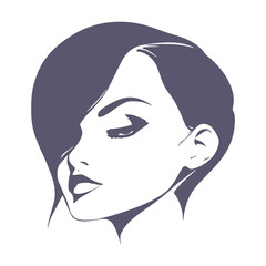 Young woman face half turn view in low key style. Elegant silhouette of a female head.