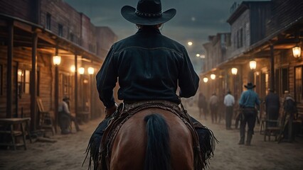 Back view of cowboy riding on a horse, western movie scene in wild west town
