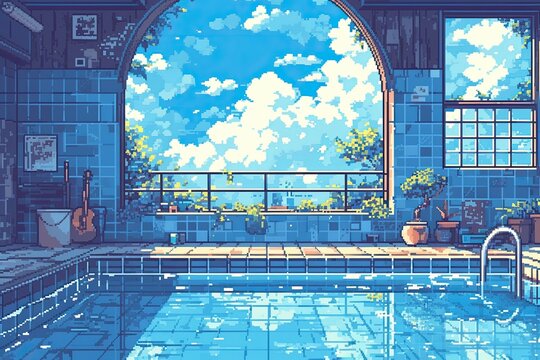 pixel art of an outdoor swimming pool, blue water, surrounded by tropical plants and potted ferns, pixel style, pixelated, pixelart 
