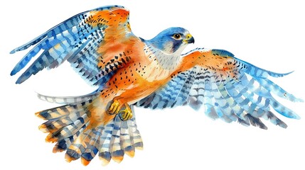 Amur Falcon in flight 80s retro watercolor clipart bold colors on a white background dynamic and vivid - obrazy, fototapety, plakaty