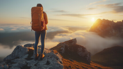 Hipster young girl with backpack enjoying sunset on peak of foggy mountain. Tourist traveler on...