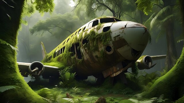 the wreck of a plane that crashed in a forest in a damaged, mossy condition