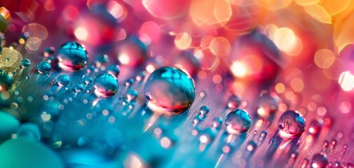 Vibrant Water Droplets on Vivid Colorful Surface.