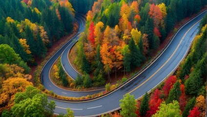 Fototapeta premium Elevated view showcasing the graceful curves of a road amid a vibrant forest, highlighted by seasonal rains Generative AI