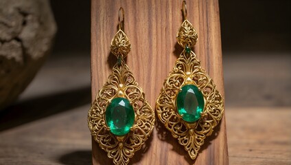 Intricate gold earrings with emerald drops, catching the light, displayed on a polished wooden stand Generative AI