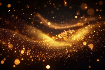 Obraz premium A golden glittering powder on the dark background, creating an elegant and luxurious atmosphere with soft light and a dreamy effect. The gold dust sparkles. 