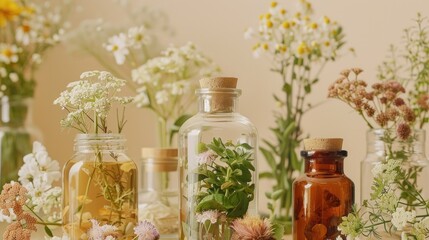 Natural herbal medicine preparation with various herbs and flowers in glass bottles for alternative health treatments. Wellness and herbal therapy.