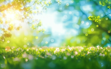 Fototapeta na wymiar Blurred spring background with a light blue sky and green grass meadow. Soft focus and defocused blurred bokeh effect. Spring season on a sunny day.