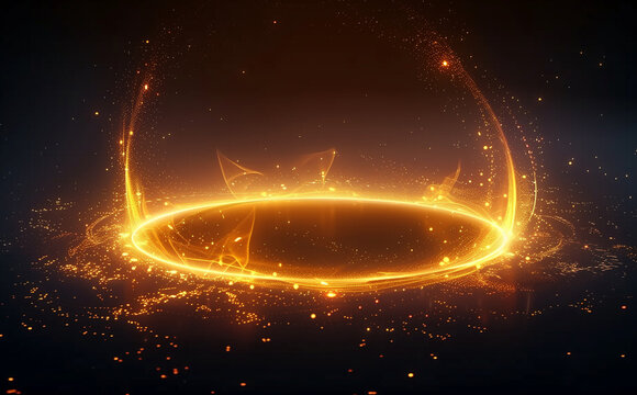 A golden light effect on a black background with a glowing ring, magical fire spark particles in space in the style of a design element.