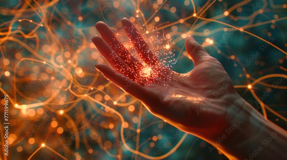 Poster first contact and neuronal network - a surreal depiction of a hand reaching out to touch a swirling 