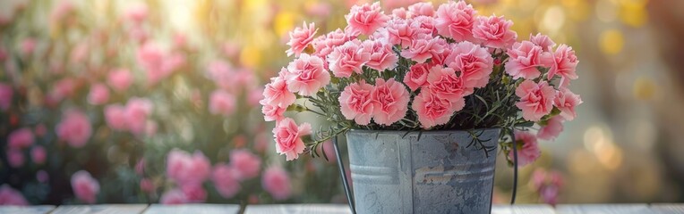 Pink Carnation Flowers in Zinc Bucket for Happy Mother's Day