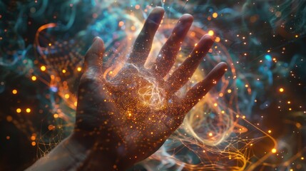 Hand touching spinning vortex, neuronal network concept - Contact with cosmic particles amidst neural connections, evoking discovery and curiosity.