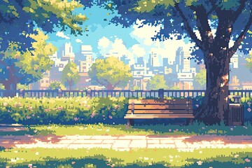 pixel art of bench in the park with city skyline in background, flowers and trees