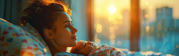 New Beginning: Mother and Newborn at Hospital Day after Natural Birth Labor - obrazy, fototapety, plakaty