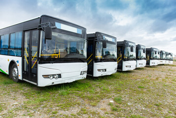 Many electric driven new energy buses are neatly parked in outdoor parking lots