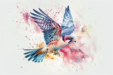 Amur Falcon in flight watercolor clipart 80s retro vibe with a splash of neon colors against a minimalist background - obrazy, fototapety, plakaty