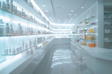 Interior of modern, well-organized pharmacy with rows of medications and clean aesthetic.