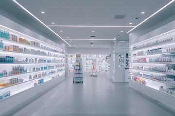 Modern pharmacy interior, sleek shelves, neatly arranged health products, professional atmosphere.
