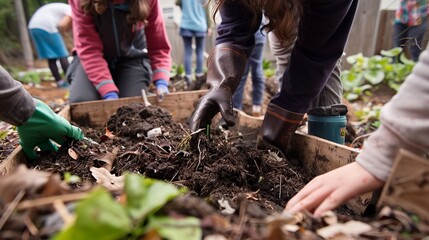 Community composting workshop, Earth Day education, hands turning soil, outdoor learning