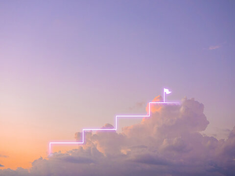 Glowing graph steps neon line rise to the top at flag icon, on blue and purple color of sunset sky and clouds background, minimal style. Minimalist chart stairs with beautiful nature sky backgrounds.