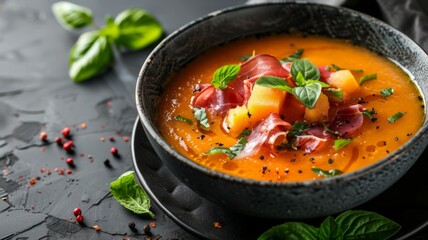 A bowl of chilled melon soup with prosciutto and mint garnish