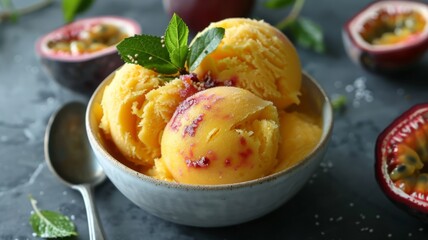 A bowl of passion fruit sorbet with tropical fruit garnish - obrazy, fototapety, plakaty