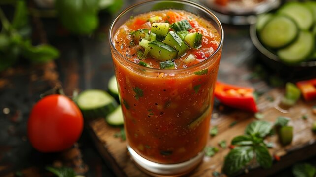 A glass of chilled gazpacho soup with diced cucumber and peppers