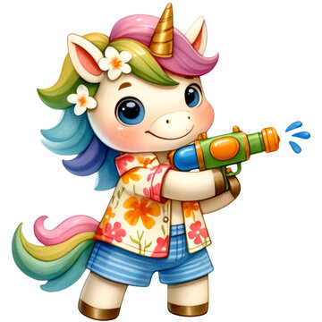 cute watercolor songkran festival animal, cute animal with water gun,safari animal, woodland animal