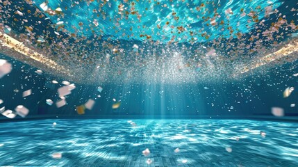 Underwater perspective captures confetti's magic, transforming the pool into a celebration of opulence. - obrazy, fototapety, plakaty