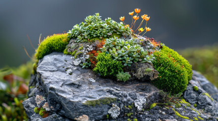 Close-up of moss and lichen on a rock, miniature landscape, - obrazy, fototapety, plakaty