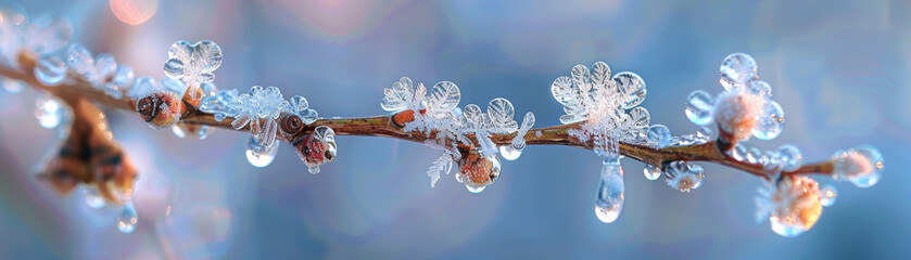 Obraz premium Crystal clear ice on a twig, winter's beauty up close,