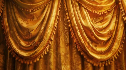 the sumptuous embrace of a golden velvet curtain, its soft folds whispering secrets of grandeur and majesty. - obrazy, fototapety, plakaty