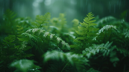 Fototapeta na wymiar Fern undergrowth in a damp forest, minimalist green shades,