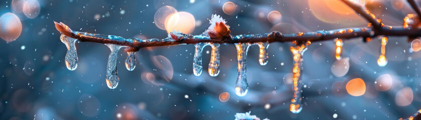 Glistening icicles hanging from a branch, winter macro, - obrazy, fototapety, plakaty