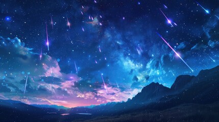 Celestial phenomenon with shooting stars streaking across night sky in dazzling display. - obrazy, fototapety, plakaty