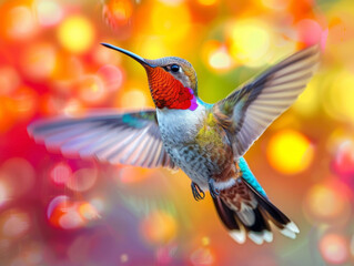 Macro shot of a hummingbird in flight, colorful blur,