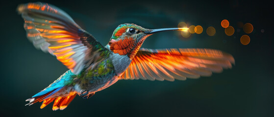 Macro shot of a hummingbird in flight, iridescent feathers glowing, - obrazy, fototapety, plakaty