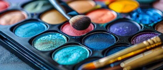 Macro shot of a makeup artist's palette and brushes, - obrazy, fototapety, plakaty