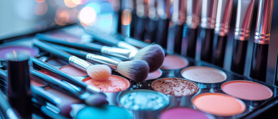 Macro shot of a makeup artist's palette and brushes, - obrazy, fototapety, plakaty