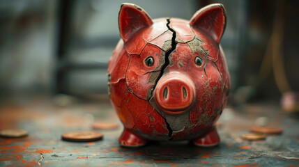 Macro shot of a piggy bank with a noticeable crack, illustrating financial pressure, - obrazy, fototapety, plakaty